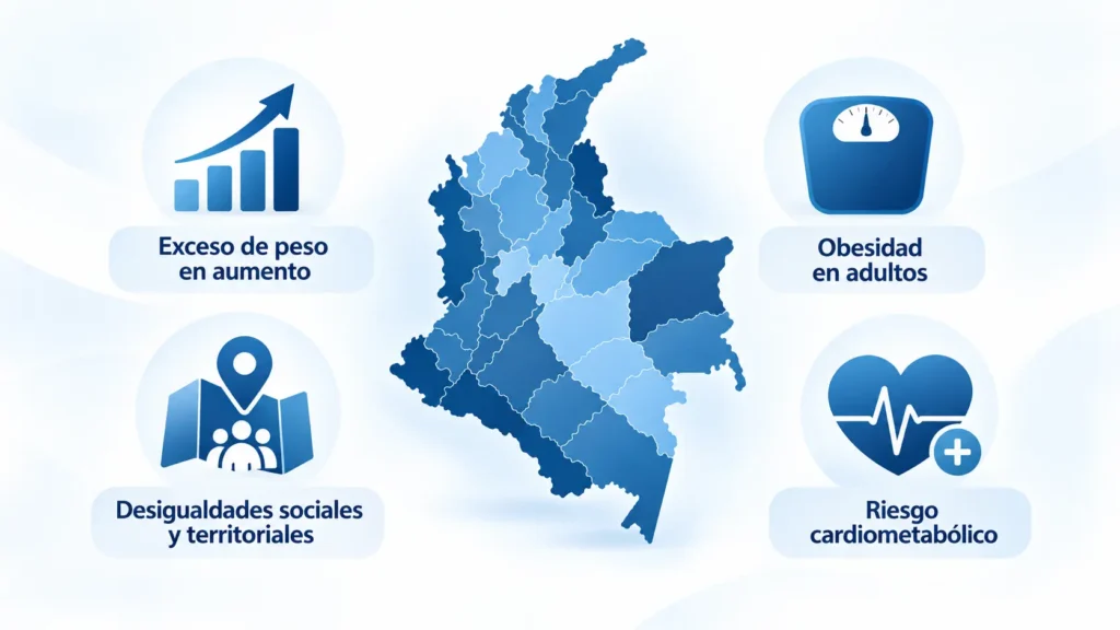 Infografía de obesidad en Colombia en 2026 - exceso de peso, desigualdades sociales y riesgos cardiometabólicos - Dr. Rubén Luna, experto en obesidad y cirugia bariatrica