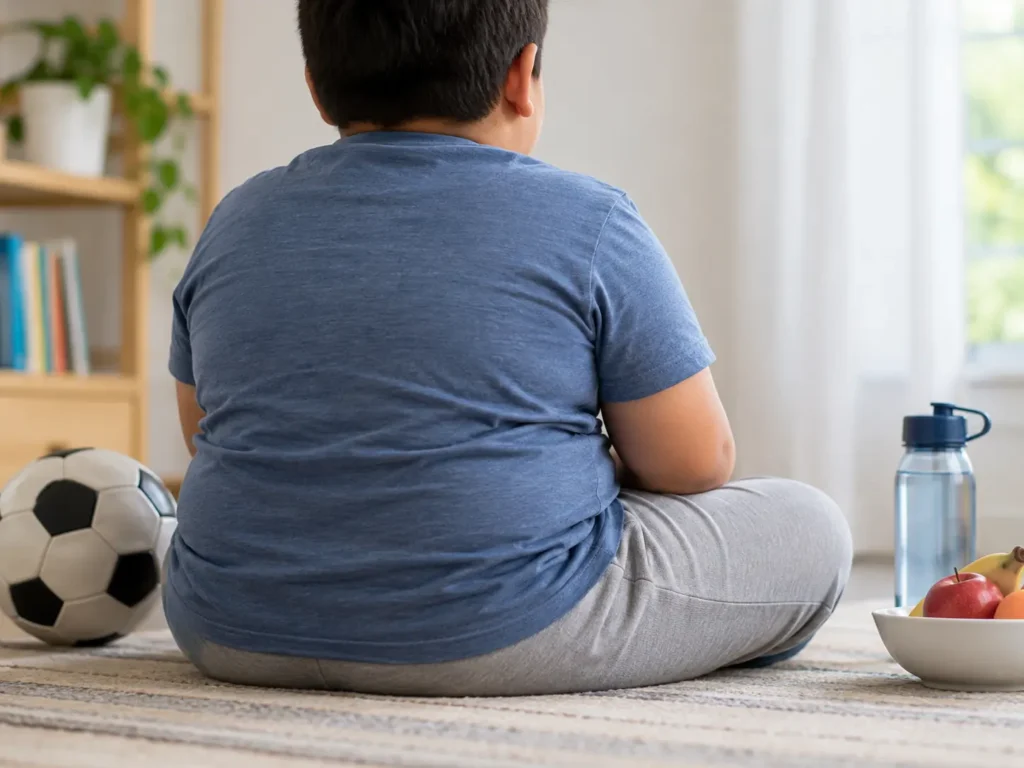 Niño con obesidad visto de espaldas en casa, imagen sobre obesidad infantil en Colombia - Dr. Rubén Luna - Bogotá, Colombia